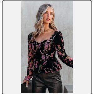 Vici Burnout Velvet Peplum Floral Peasant Blouse Corset Style XL